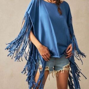 Blue Fringe Poncho Top